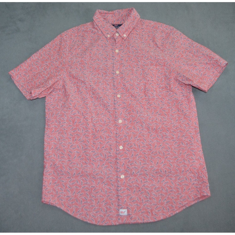 Vineyard Vines Slim‎ Fit Murray Button Front Fish Print Shirt Men's Medium Pink